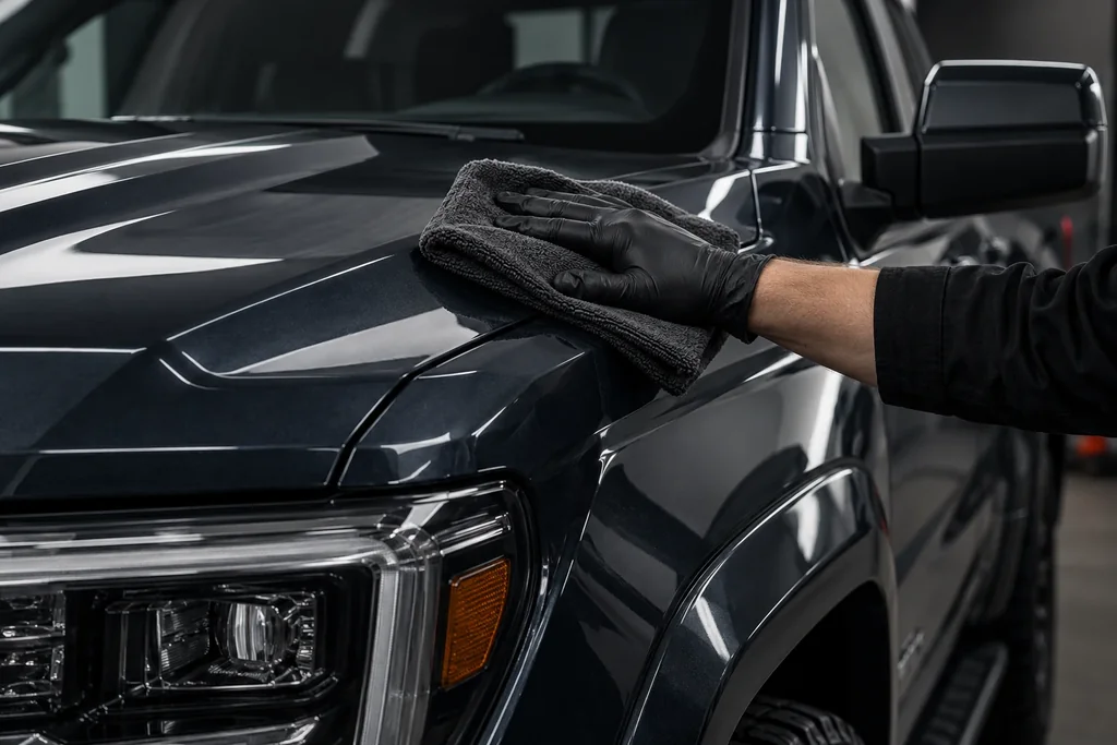 Illustrative microfiber care on the glossy finish of a dark pickup truck