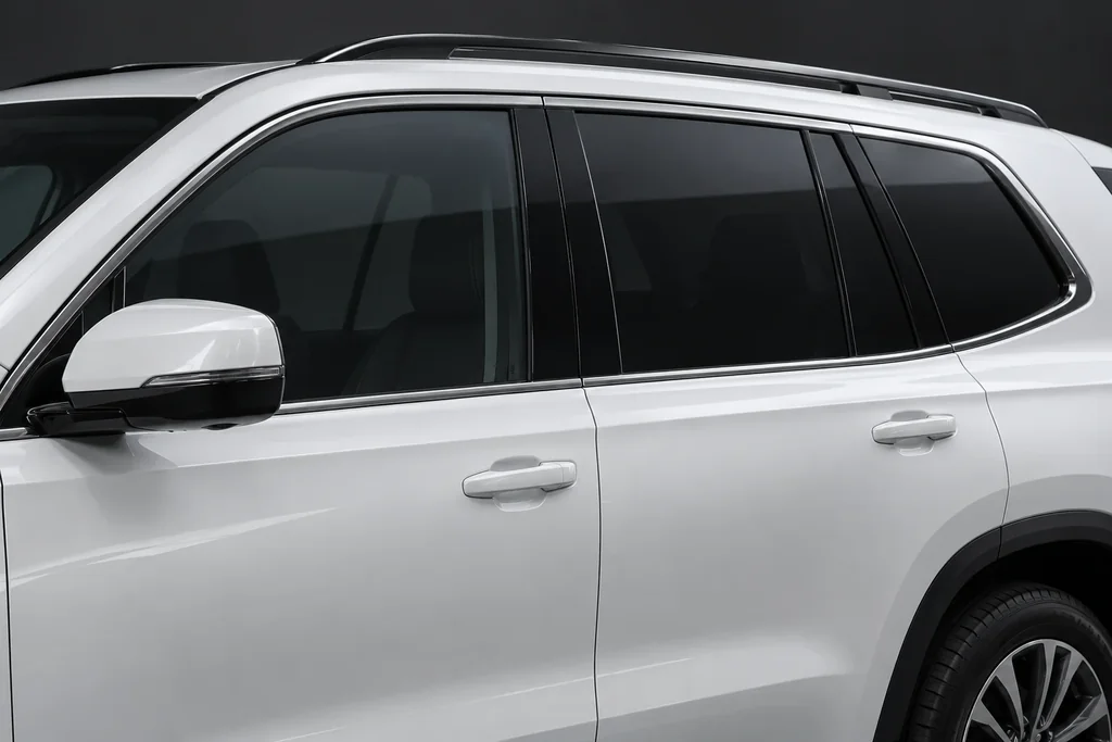Illustrative view of finished tinted windows on a pearl white SUV